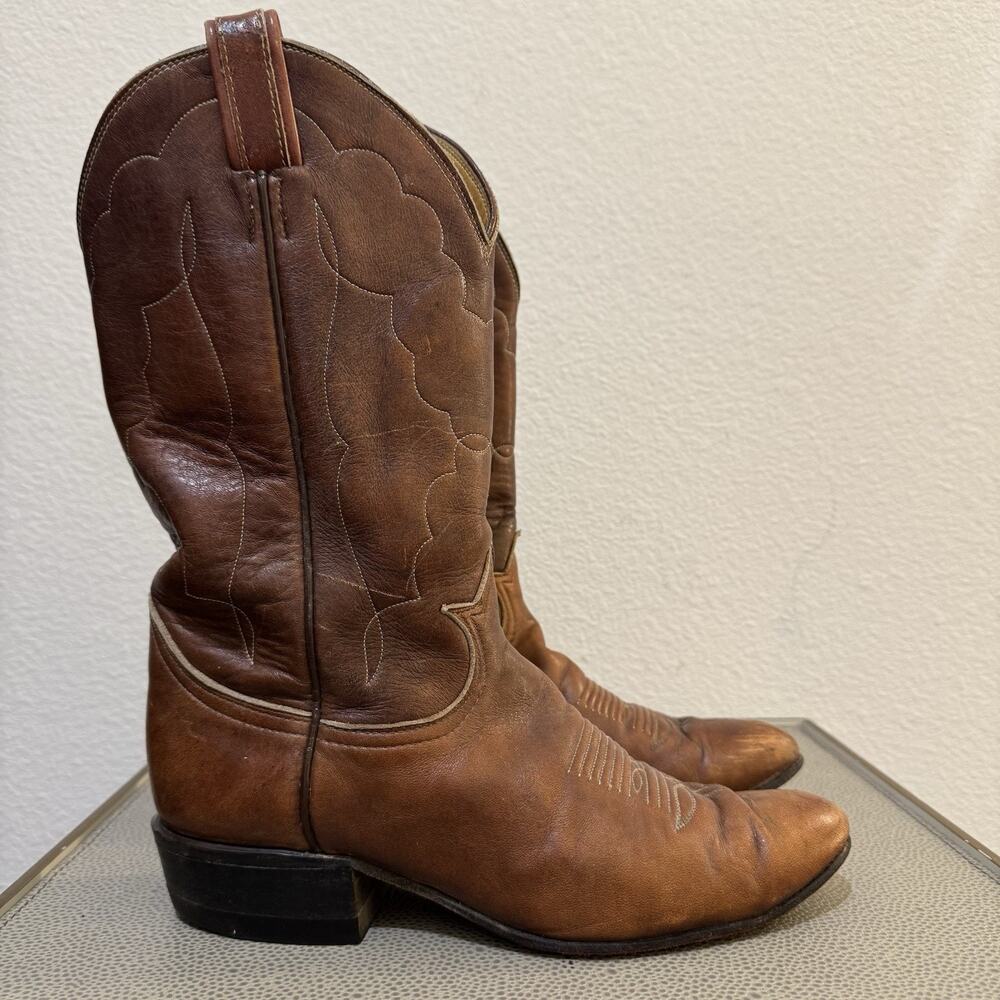 Tony Lama Boots Mens Brown Leather Western Cowboy Sz 7.5 Roper Made USA